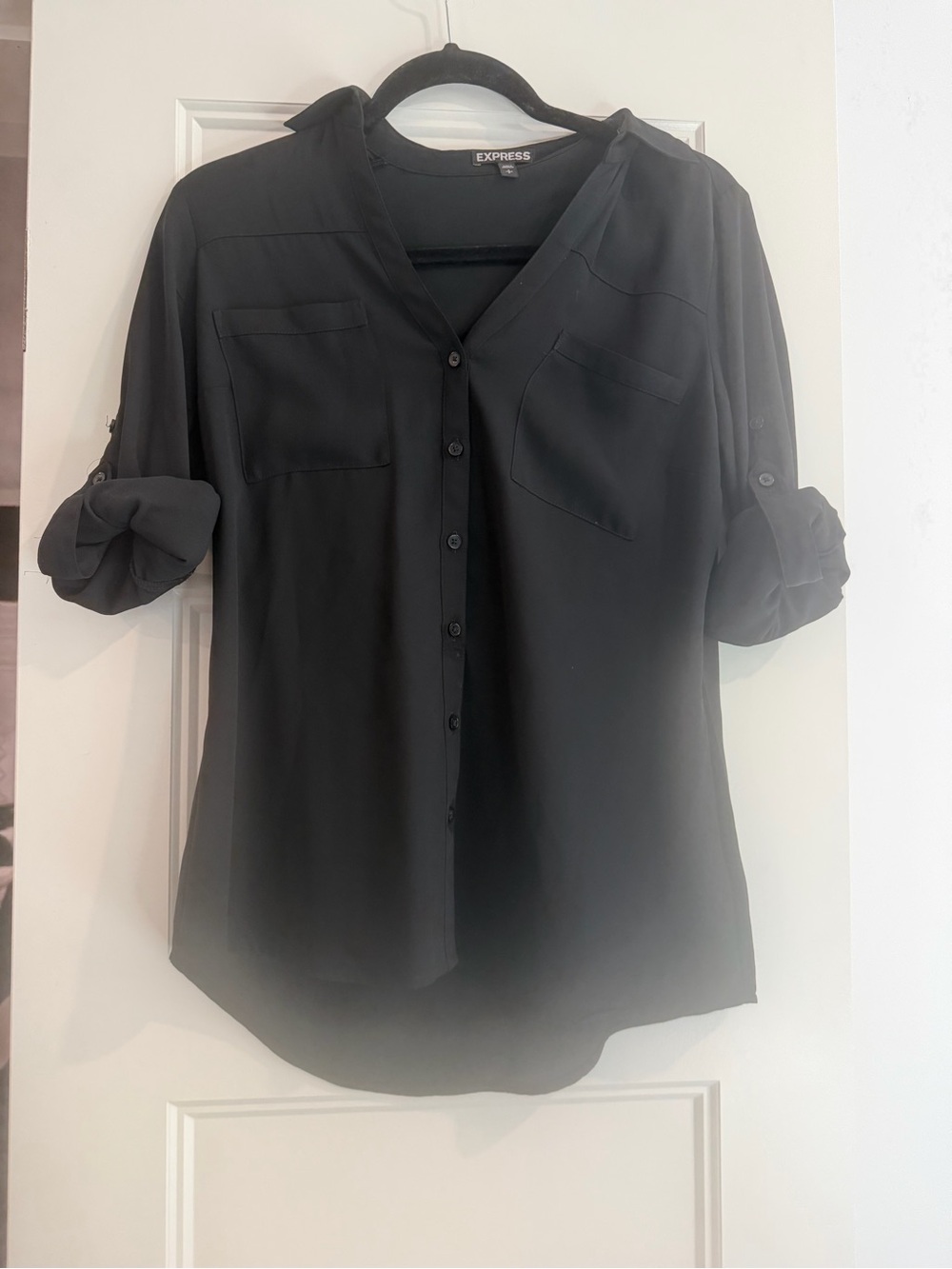 Express Black Button-Front Roll-Tab Sleeve Blouse